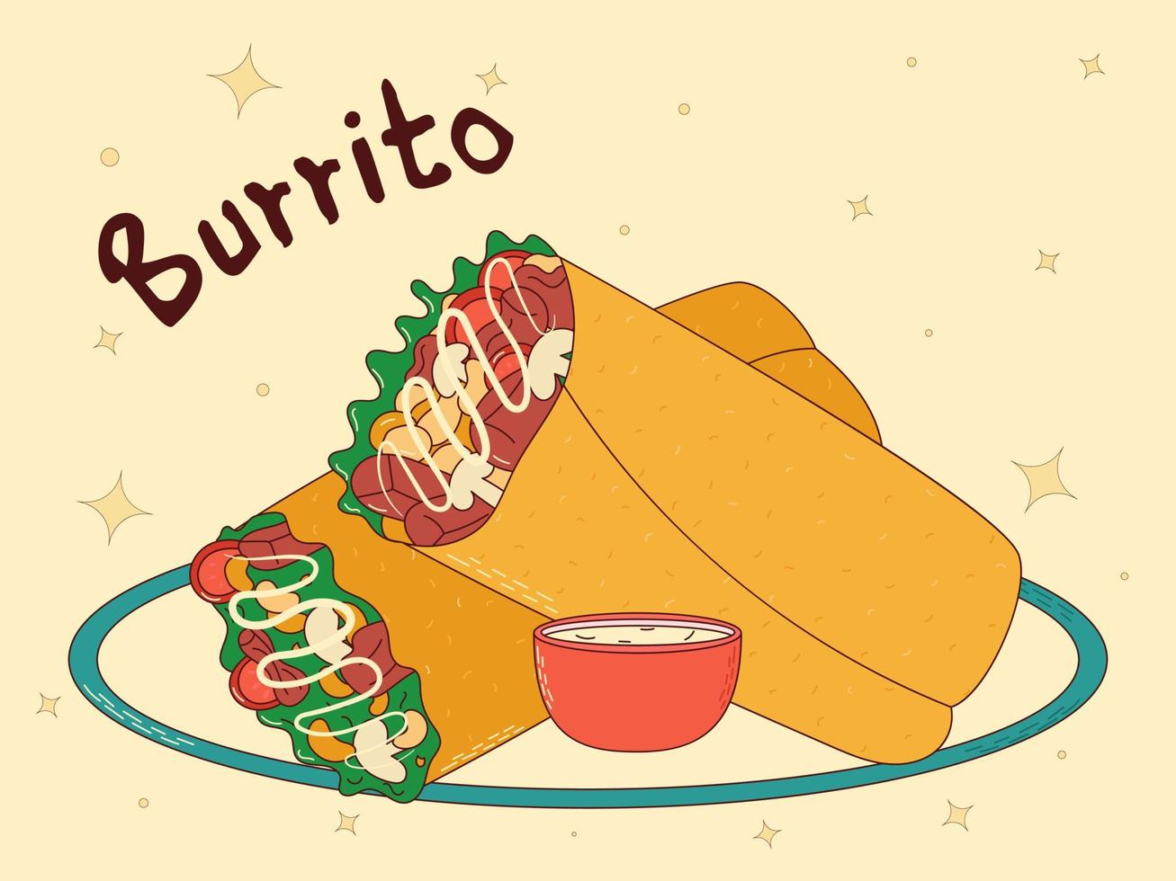 Mexican traditional food. Burrito. Vector illustration in hand drawn style