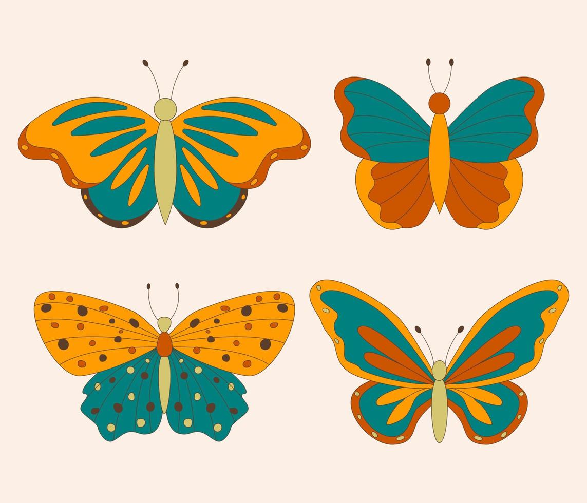 conjunto de mariposas hippie retro de los años 60 y 70 para tarjetas, pegatinas o diseño de afiches. ilustración vectorial plana vector