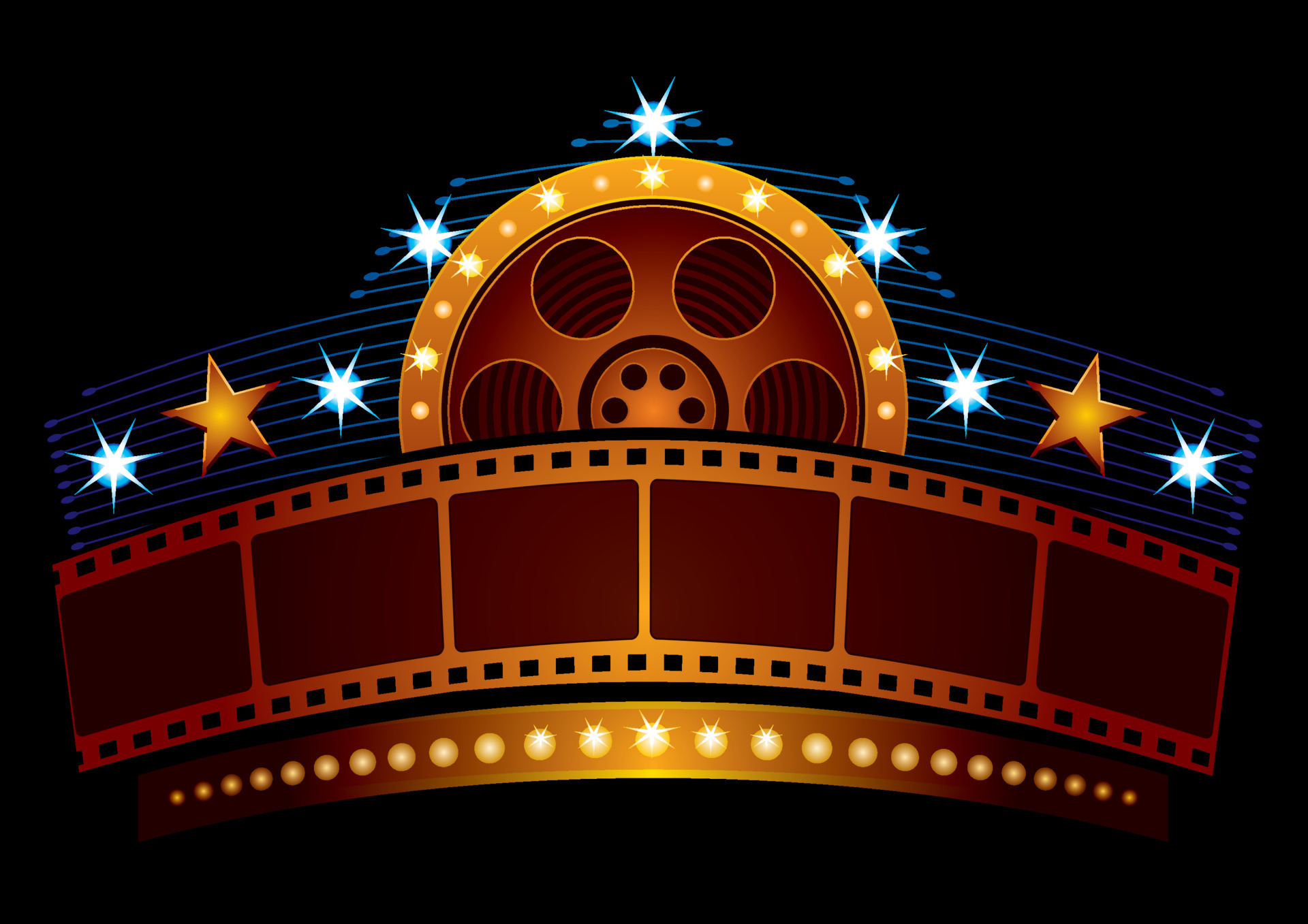 Gold film strip at neon sign with reel and stars 15716496 Vector Art at  Vecteezy