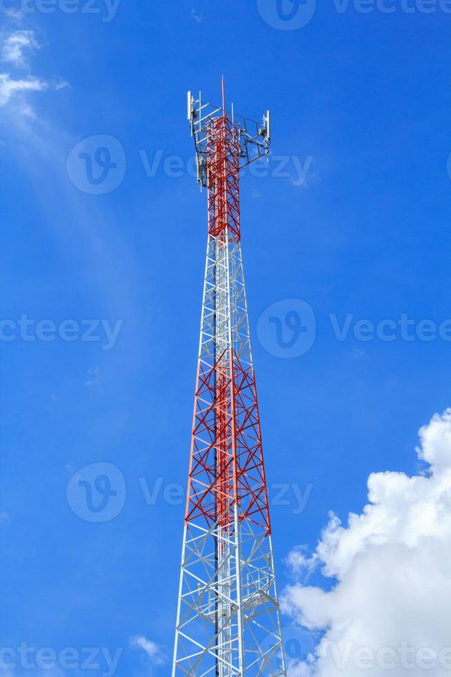 Tall telephone poles are ready to distribute Internet and telephone signals for the public to make full use of them against the background of the beautiful natural afternoon white and blue sky. photo