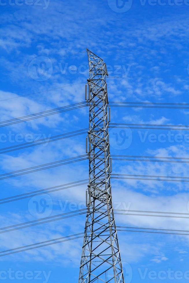 High voltage poles designed by engineers for industrial plants and consumer home power on blue and warm sky background is modern technology and modern industrial and dangerous, please do not approach. photo