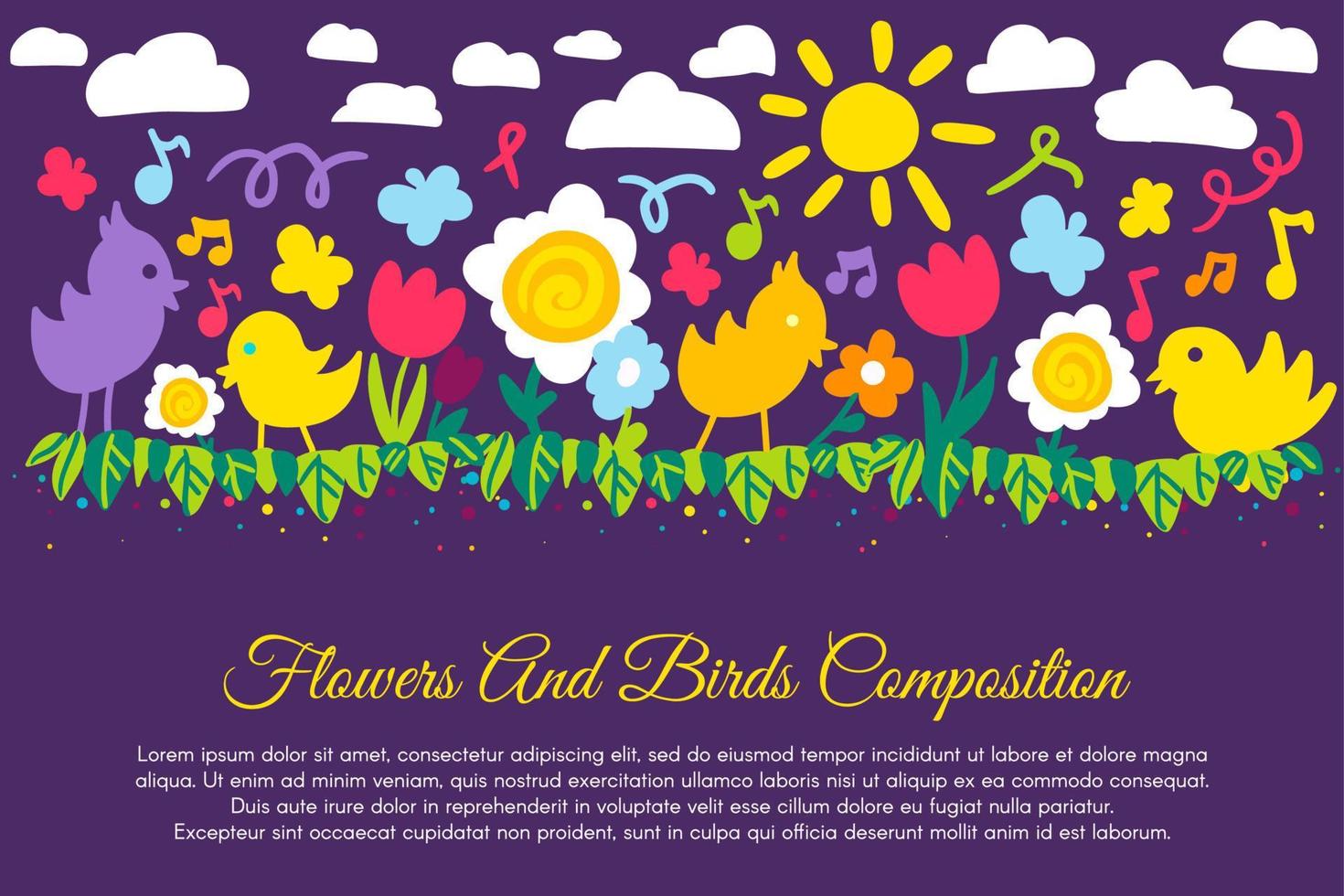 Birds and flowers flat banner with copyspace vector