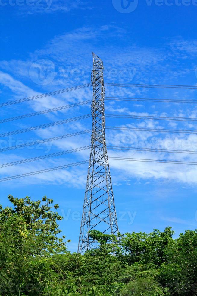 High voltage poles designed by engineers for industrial plants and consumer home power on blue and warm sky background is modern technology and modern industrial and dangerous, please do not approach. photo
