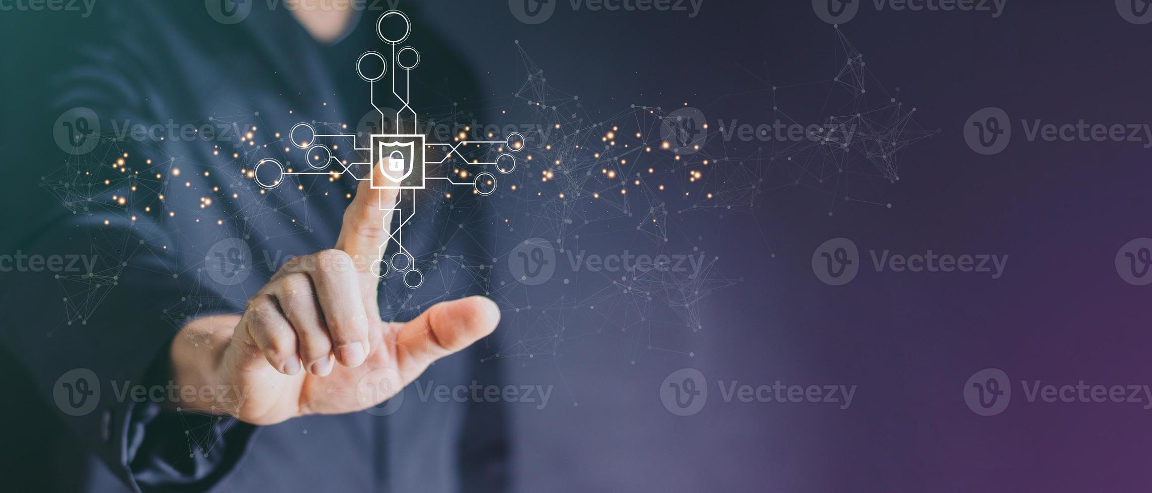Cyber Protection Data Security Internet Privacy, Internet and technology concept on virtual screen. Man touching on lock icon. photo