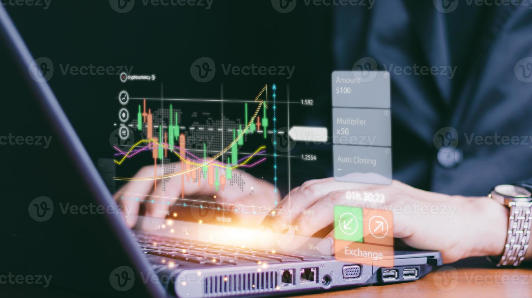 planning analyze indicator and strategy buy and sell, Stock market, Business growth, progress or success concept. Businessman or trader is pointing a growing virtual hologram stock, invest in trading photo