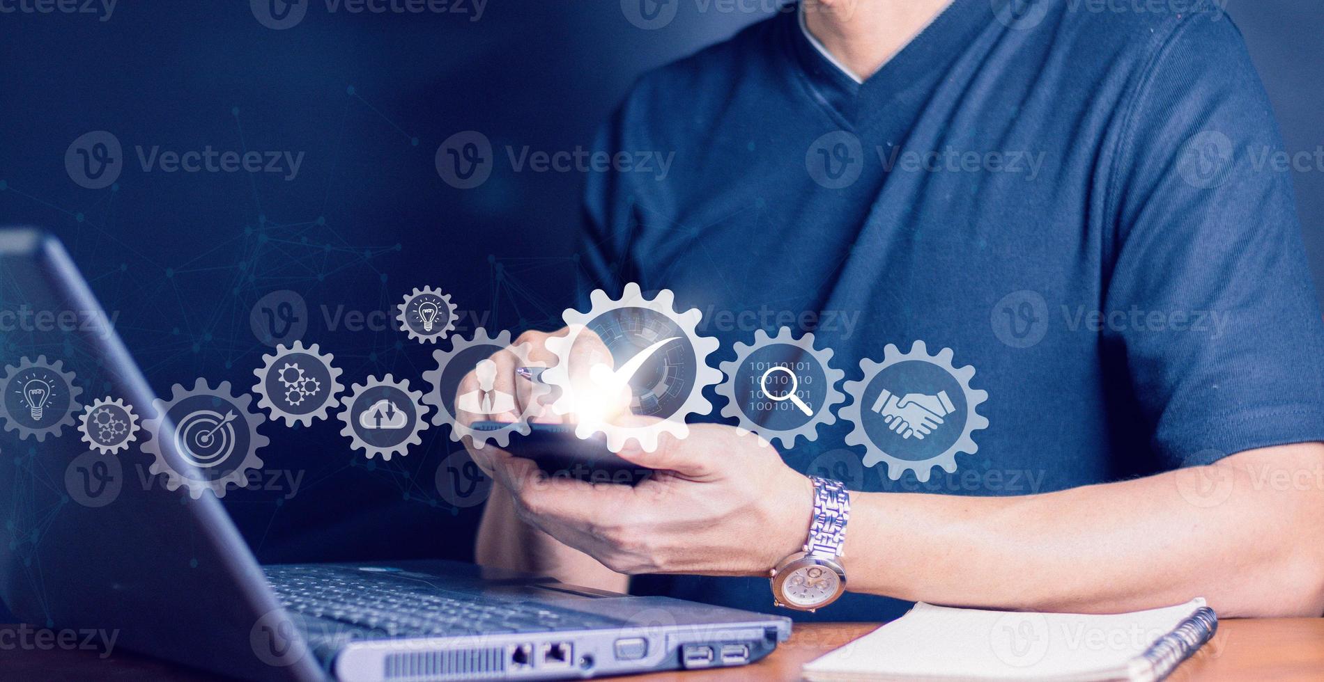 Digital transformation, BPM and RPA to increase efficiency and productivity at work.Business process management and automation with person validating document in workflow. photo