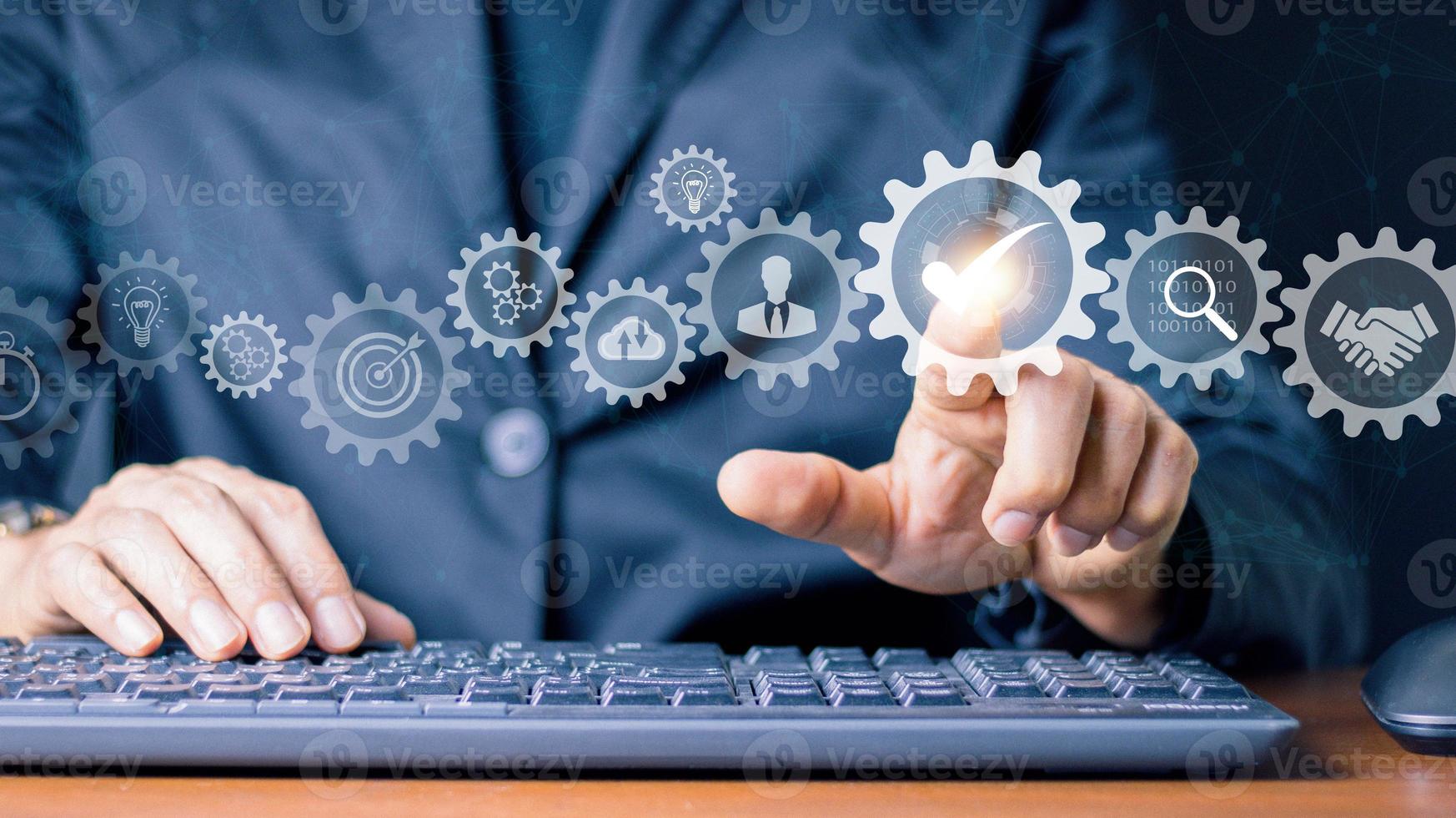 Digital transformation, BPM and RPA to increase efficiency and productivity at work.Business process management and automation with person validating document in workflow. photo