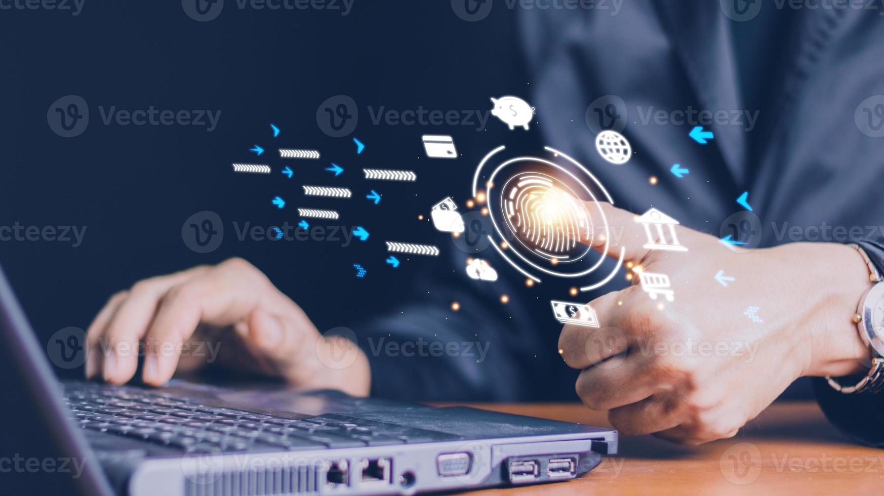 futuristic digital processing of biometric identification fingerprint scanner for access personal financial data. surveillance and security scanning of digital programs cyber futuristic applications photo