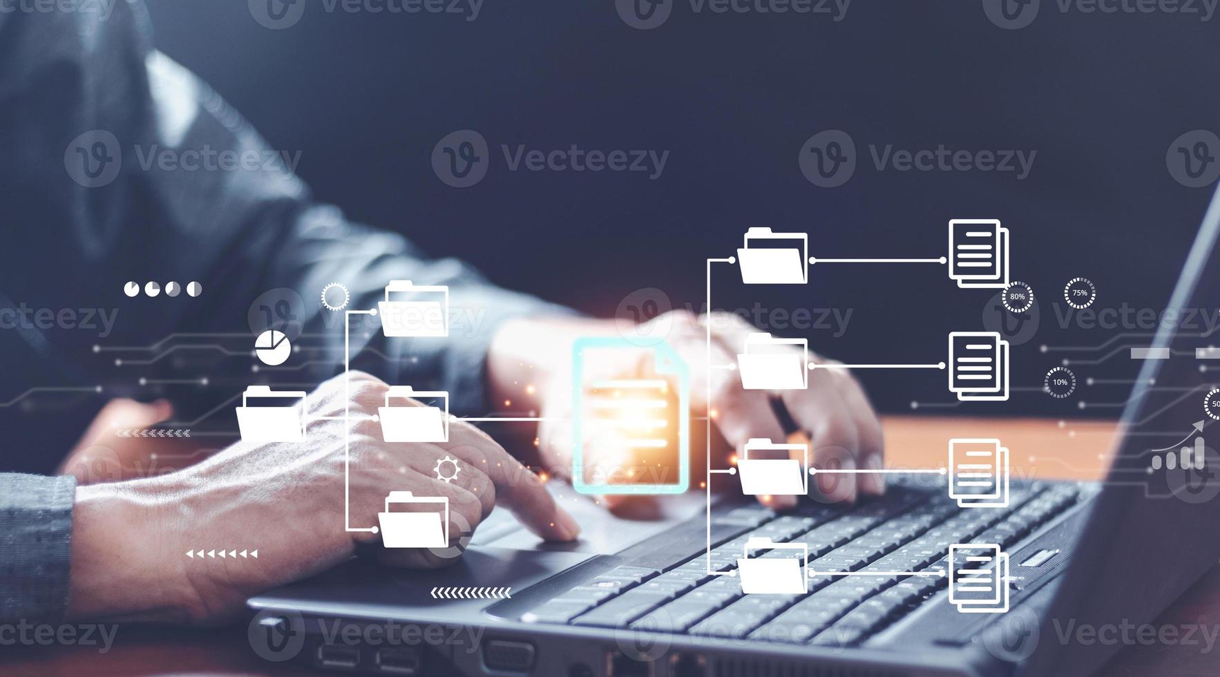 Document Management System DMS, online documentation database and process automation to efficiently manage files, knowledge and documentation in enterprise with ERP. Corporate business technology. photo