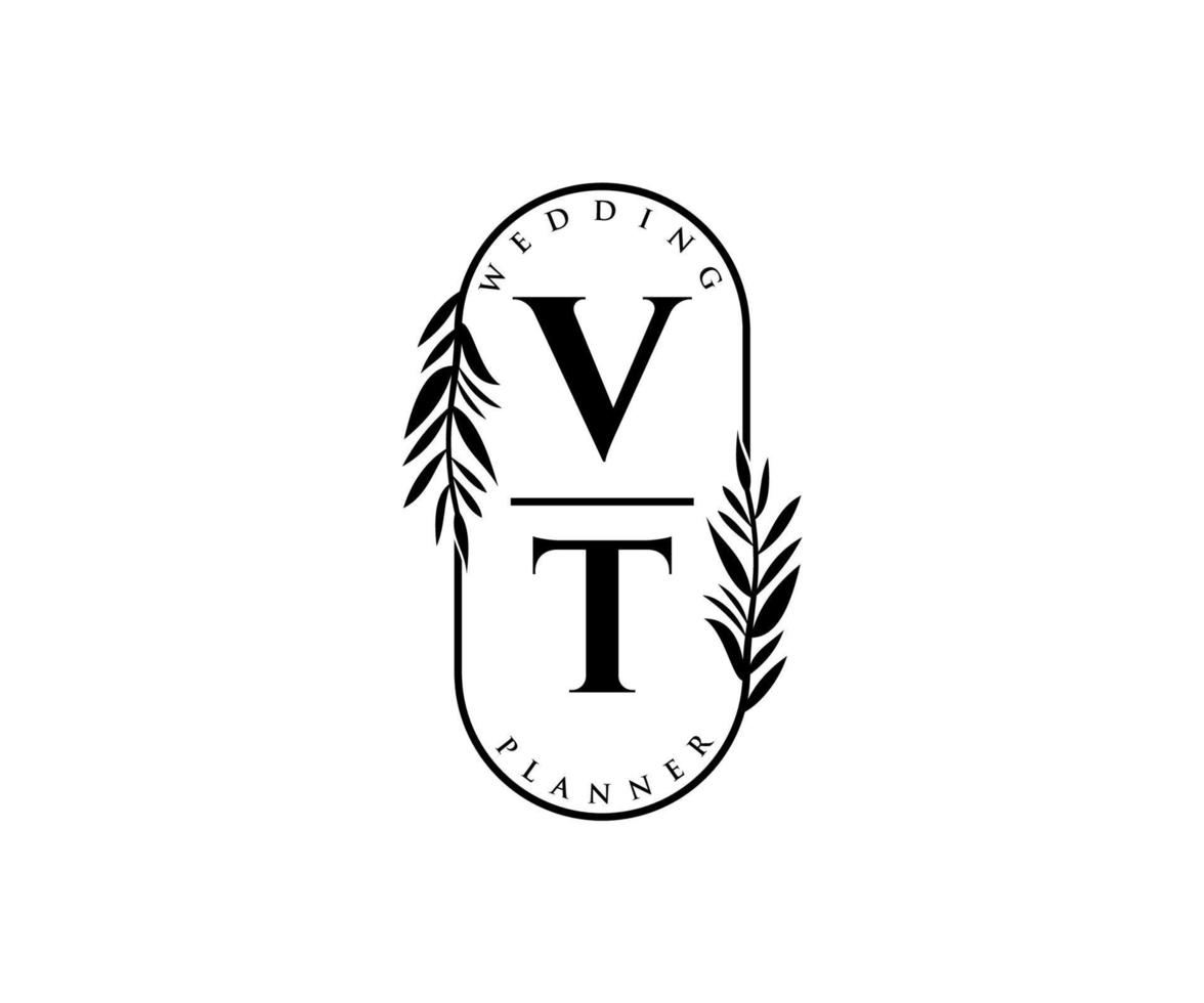 colección de logotipos de monograma de boda con letras iniciales vt, plantillas florales y minimalistas modernas dibujadas a mano para tarjetas de invitación, guardar la fecha, identidad elegante para restaurante, boutique, café en vector