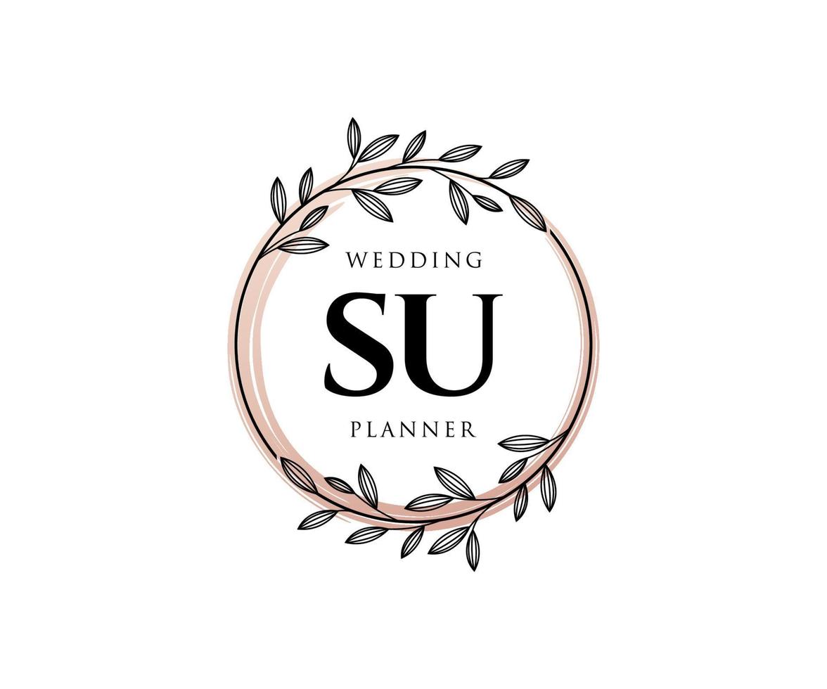 SU Initials letter Wedding monogram logos collection, hand drawn modern minimalistic and floral templates for Invitation cards, Save the Date, elegant identity for restaurant, boutique, cafe in vector