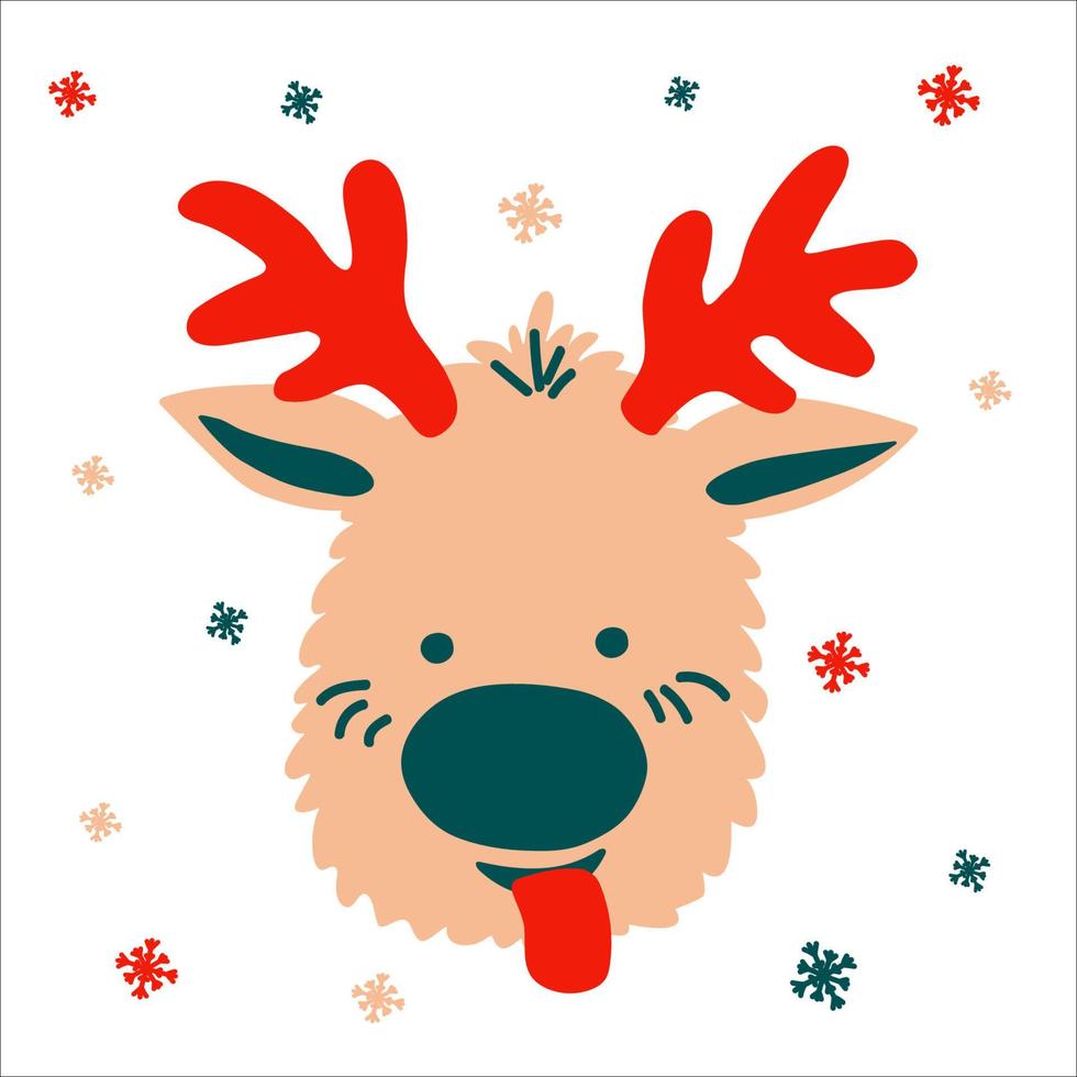 Funny Christmas deer with its tongue hanging out on a white background with snowflakes in scandinavian hand drawn style. Vector illustration, one simple bright object, square format for social media..