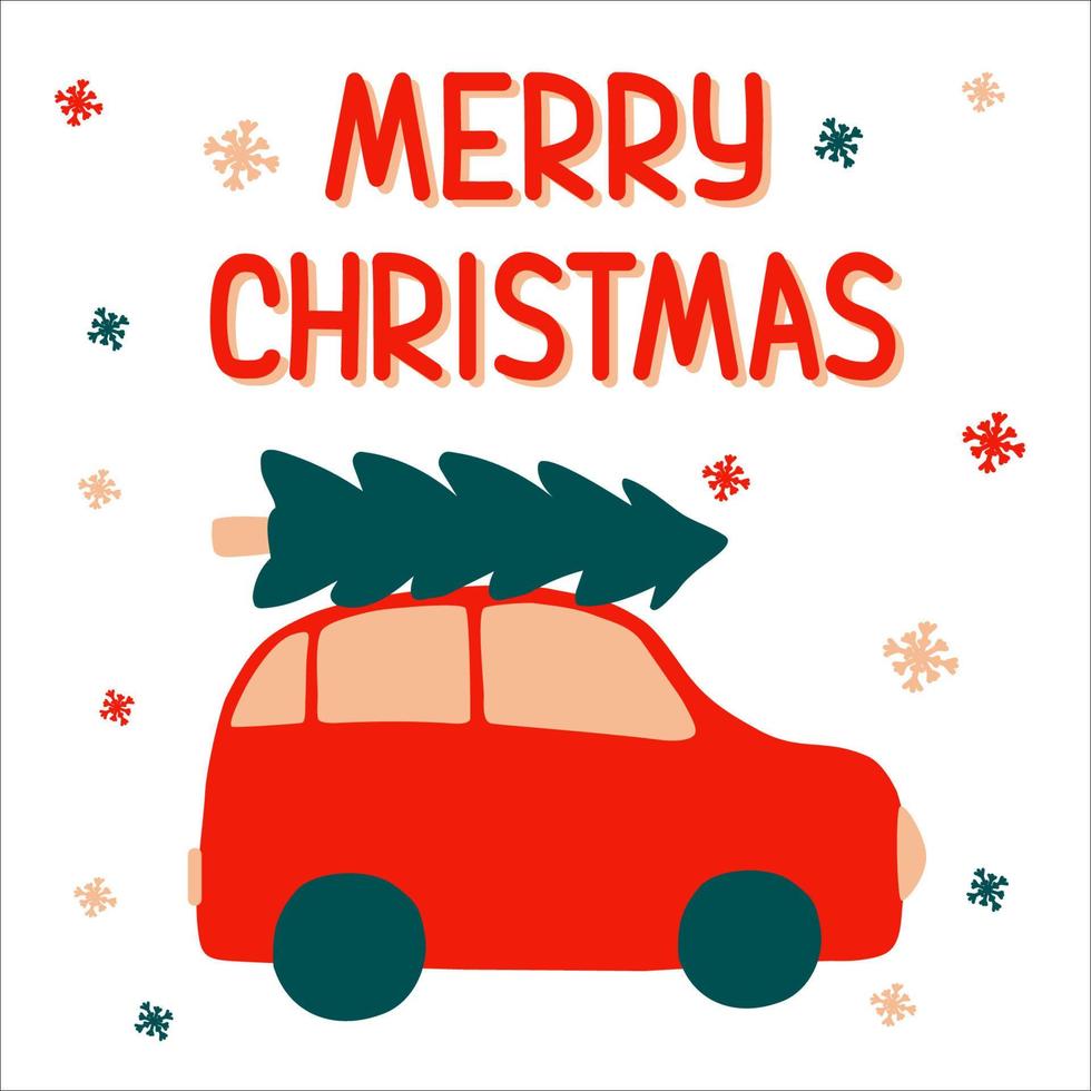 Funny red car lucky spruce on the trunk for merry christmas in scandinavian hand drawn style with lettering. Suitable for a greeting card. Vector illustration, simple bright object, square format.