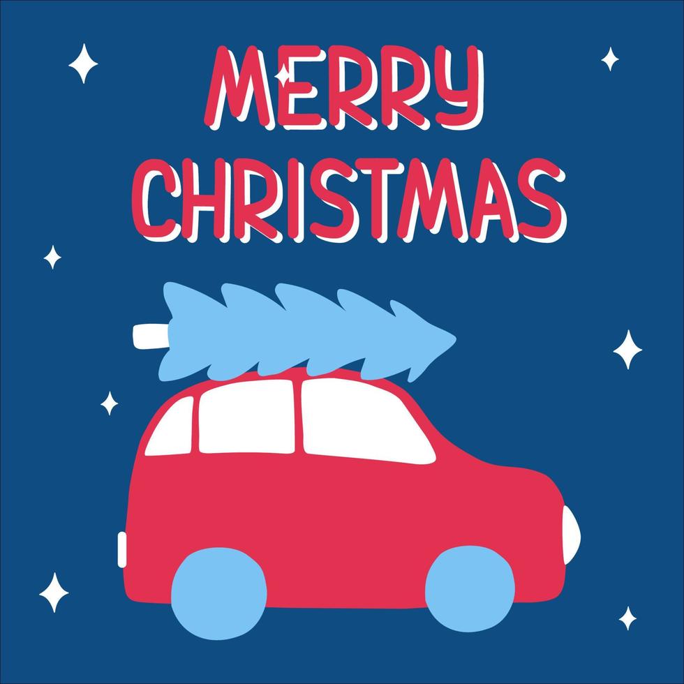 Funny red car lucky spruce on the trunk for merry christmas in doodle style with lettering. Suitable for a greeting card. Vector illustration, simple object, square format on a classic blue background