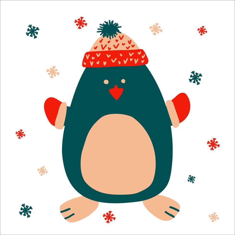 pingüino lindo de navidad en un sombrero de punto y mitones sobre un fondo blanco con copos de nieve en estilo escandinavo dibujado a mano. ilustración vectorial, objeto brillante. adecuado para una tarjeta de felicitación o pancarta vector