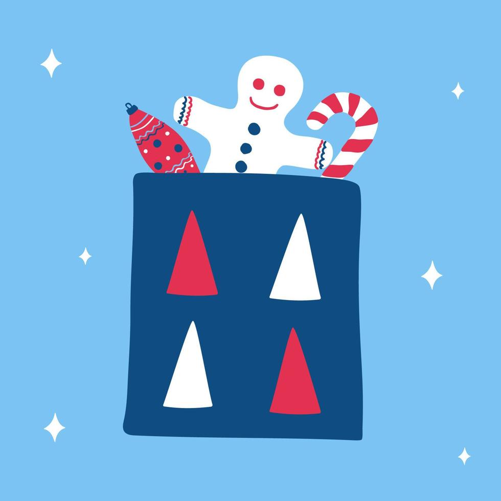 bolsa de regalo de navidad con pan de jengibre, dulces y un juguete de año nuevo de carámbano de adorno en estilo escandinavo dibujado a mano. adecuado para una tarjeta de felicitación o pancarta. ilustración vectorial, formato cuadrado vector