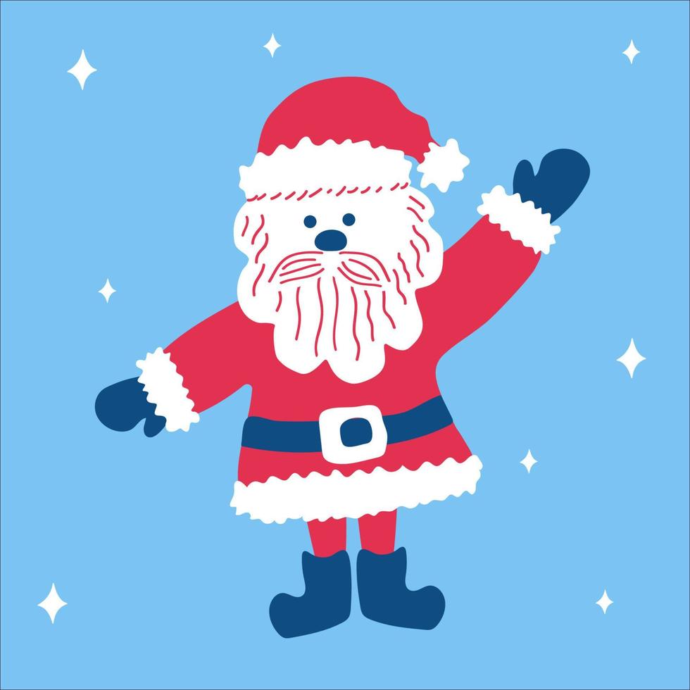 personaje de dibujos animados lindo tradicional de navidad santa claus da la bienvenida con la mano levantada sobre un fondo azul con copos de nieve. ilustración vectorial, en estilo de garabato escandinavo, formato cuadrado vector