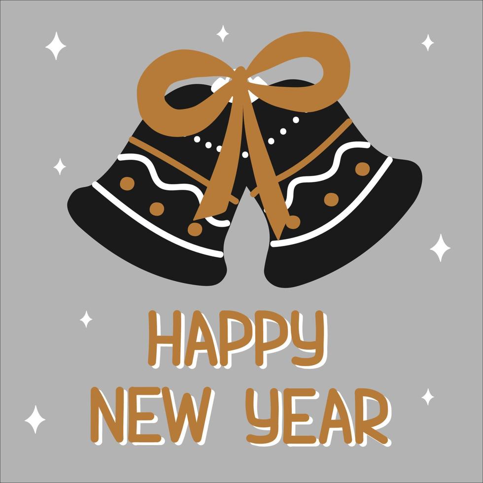 feliz año nuevo campanas tradicionales con cinta en estilo escandinavo dibujado a mano con letras en colores dorado, plateado y negro. ilustración vectorial, un objeto simple, formato cuadrado para medios sociales vector