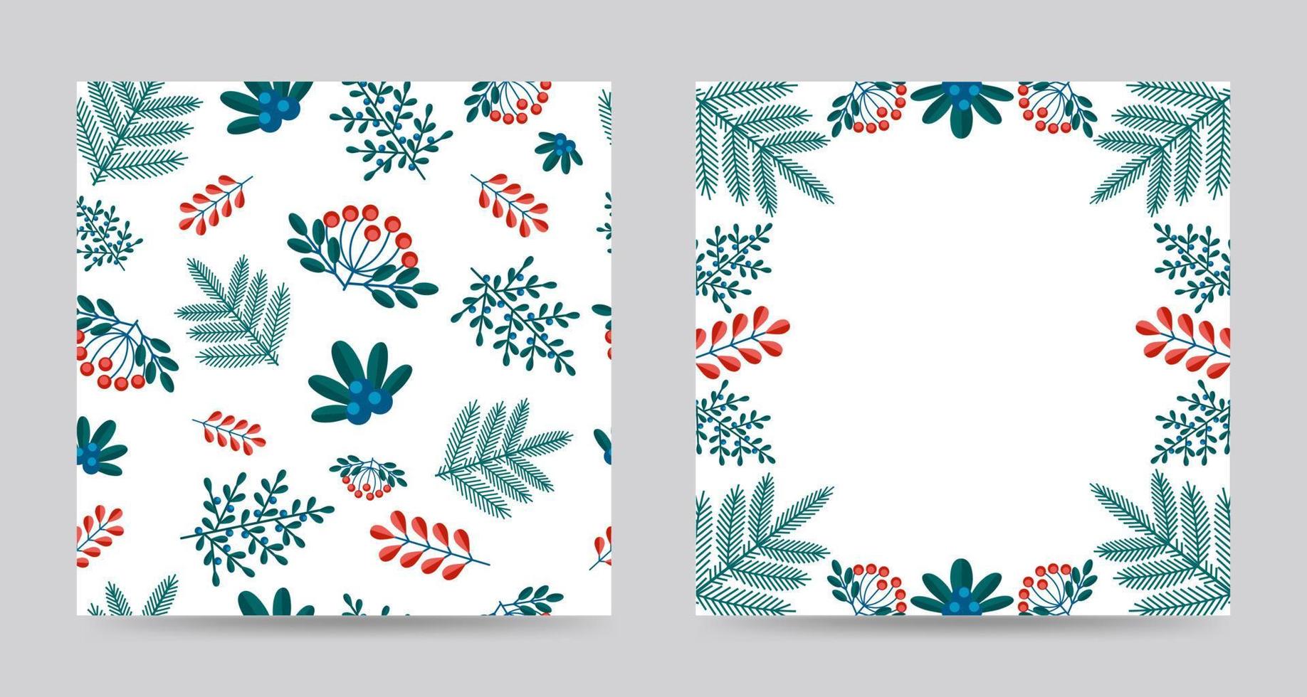 Merry Christmas greeting card and seamless pattern with winter plants frame in the retro style. Stock vector illustrations with botanical symbols of holiday - pine, cone, branch, berry.