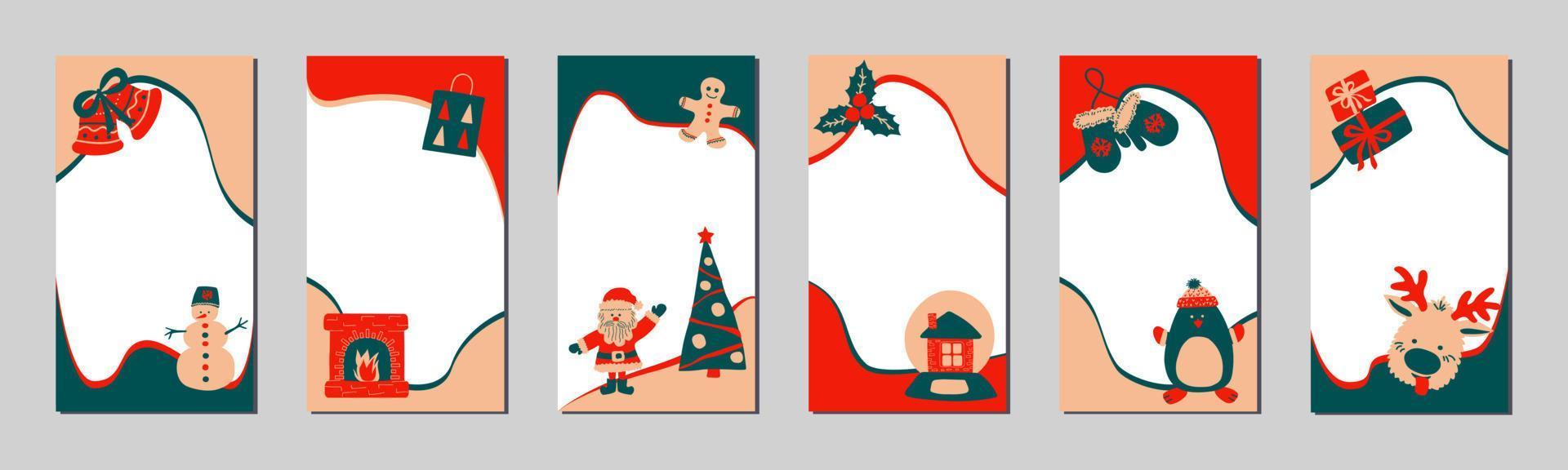 Christmas stories template for social networks in the style of Scandinavian simple hand drawing. Holiday frames for photo with cute characters - Santa, reindeer, gingerbread man, snowman, penguin. vector