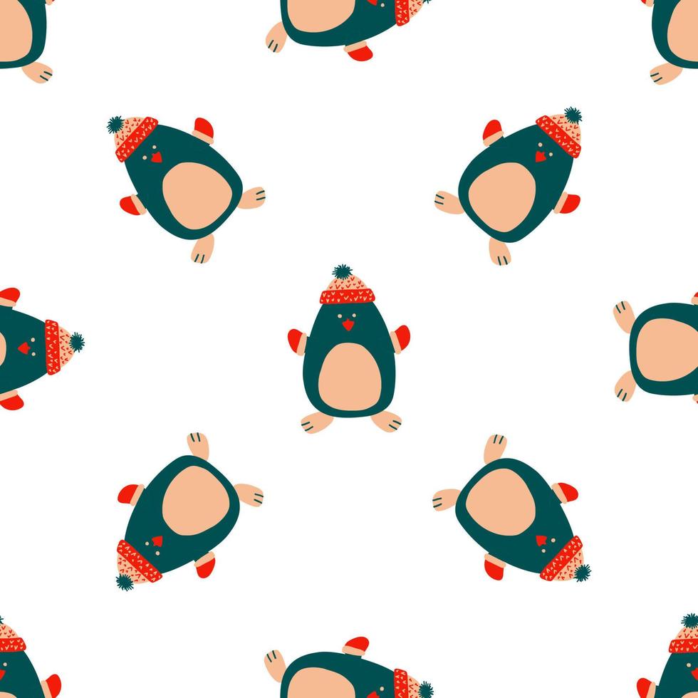 Seamless vector pattern New Year and Christmas in the style of Scandinavian simple hand drawing. Traditional holiday cute penguin, socks, reindeer. Bright ornament for print, wrap, textile, fabric