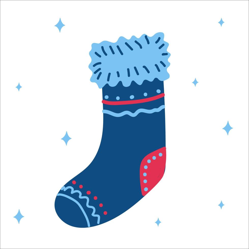 bota azul clásica tradicional navideña para regalos en estilo escandinavo dibujado a mano. ilustración vectorial, un objeto brillante simple, formato cuadrado. adecuado para las redes sociales, una tarjeta de felicitación o un banner vector