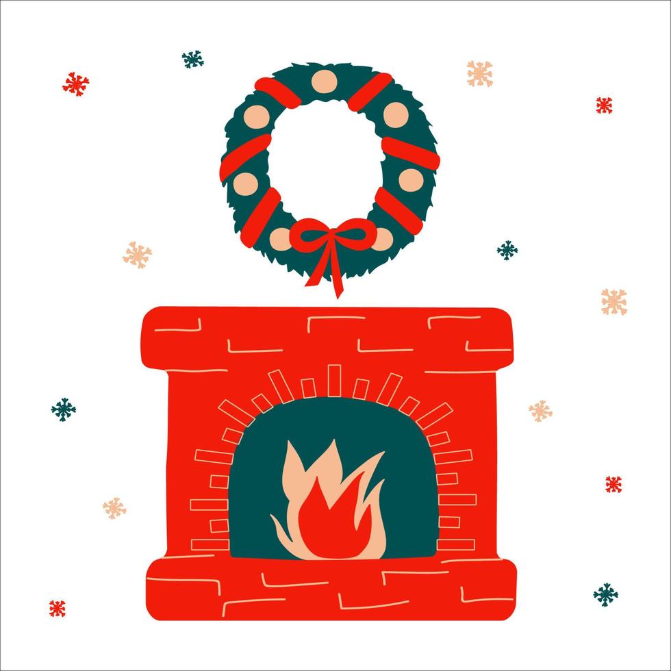 Merry christmas traditional fireplace and wreath in scandinavian hand drawn style. Vector happy new year illustration, simple bright objects, square format. Suitable for a greeting card or banner