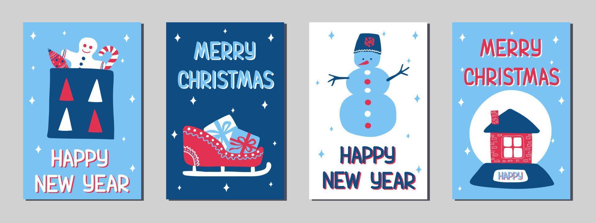 Christmas and New Year greeting cards in the Scandinavian doodle style, classic blue, pink and white colors. Stock vector illustrations with symbols of holiday - gift, sledge, gingerbread man, snowman