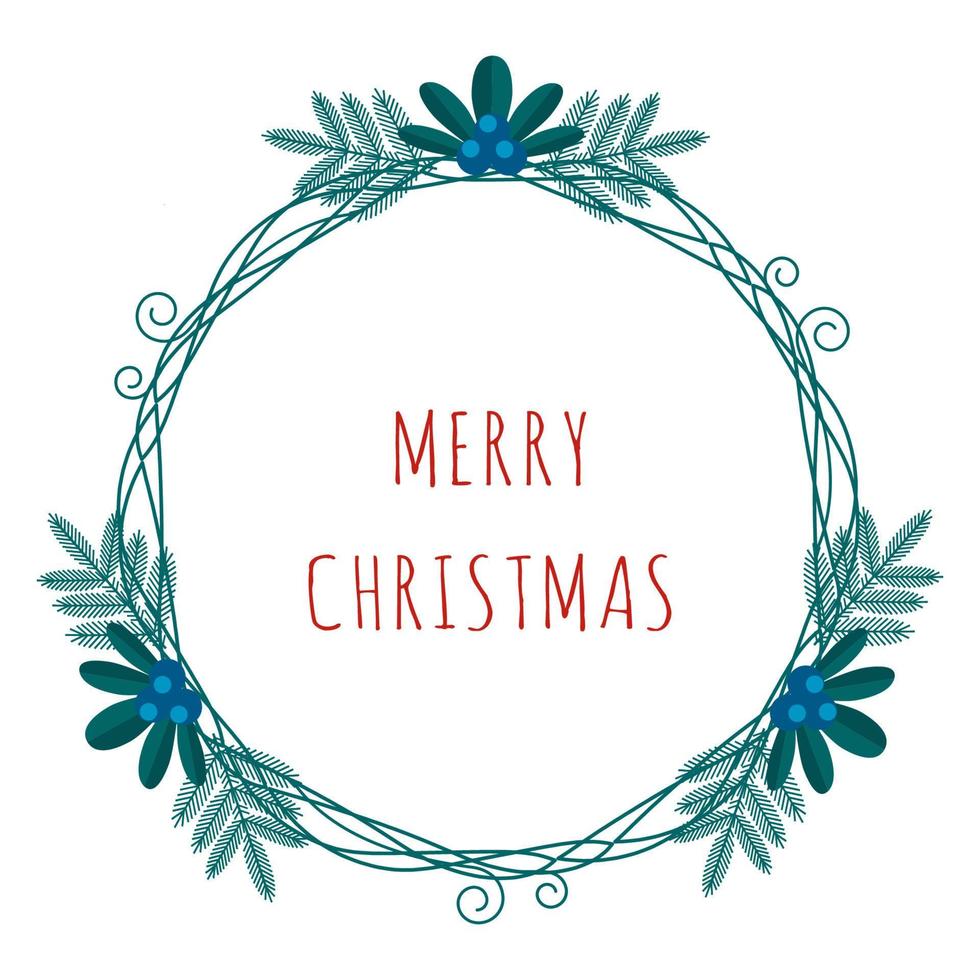 Merry Christmas greeting card with winter plants frame in the modern flat style. Stock vector illustrations with botanical symbols of holiday - pine, cone, branch, berry in red, green colors.