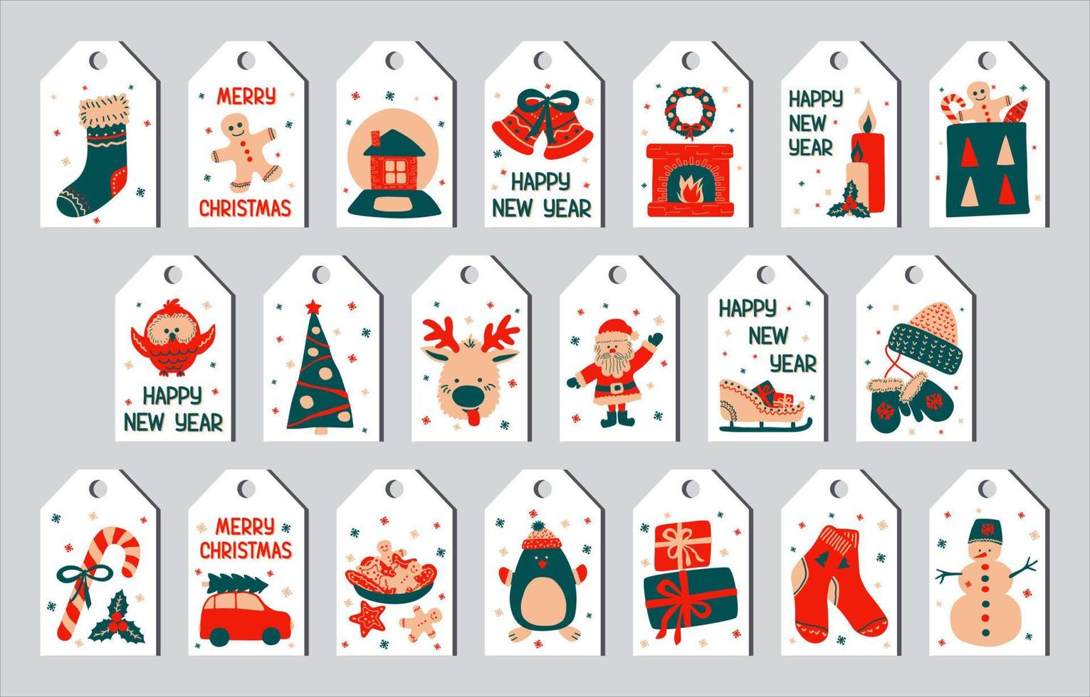 Christmas gift tags in the Scandinavian doodle style of simple hand drawing. Traditional holiday cute characters. Bright labels for printing. Vector illustration