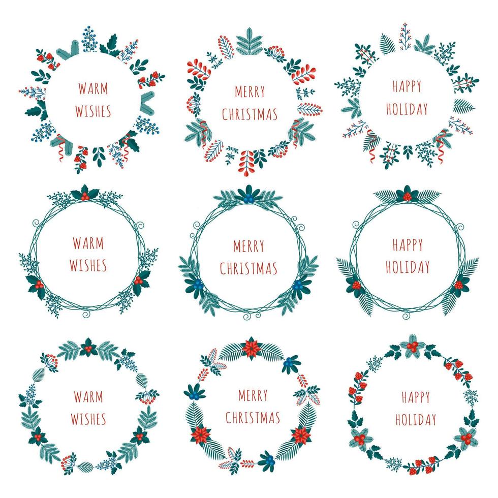 Merry Christmas collection of greeting cards with winter plants frame - wreath in flat style. Stock vector illustrations with botanical - pine, cone, berry in red, green colors.