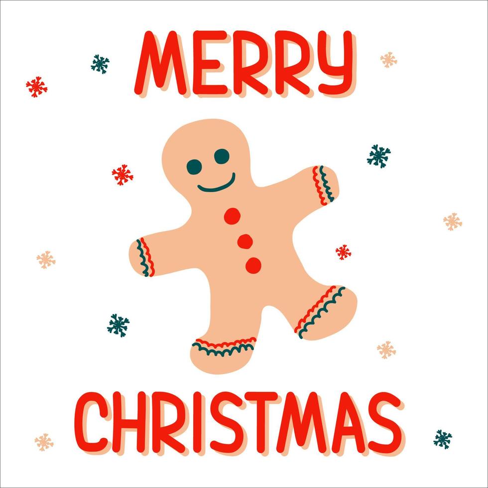 Christmas gingerbread man on a white background with a pattern of snowflakes in scandinavian hand drawn style with lettering. Vector illustration - suitable for a greeting card or banner.