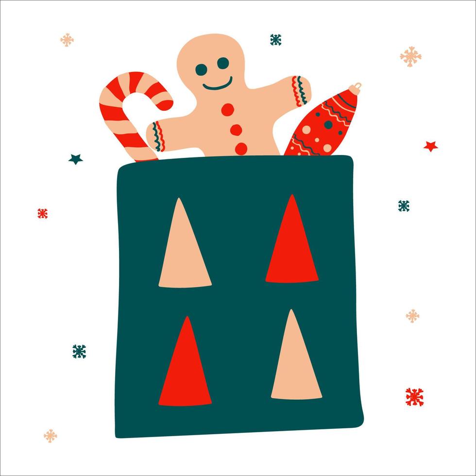 Christmas gift bag containing gingerbread, candy and an icicle New year toy in scandinavian hand drawn style. Vector illustration, square format. Suitable for a greeting card or banner