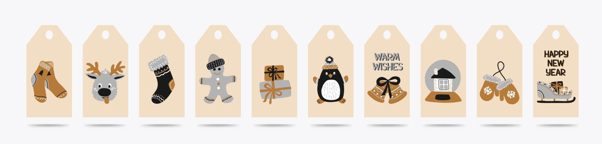 Gift tags set Merry Christmas and New Year in the Scandinavian doodle style, gold, silver and black colors. Stock vector illustrations with symbols of holiday. Traditional elegant labels for printing