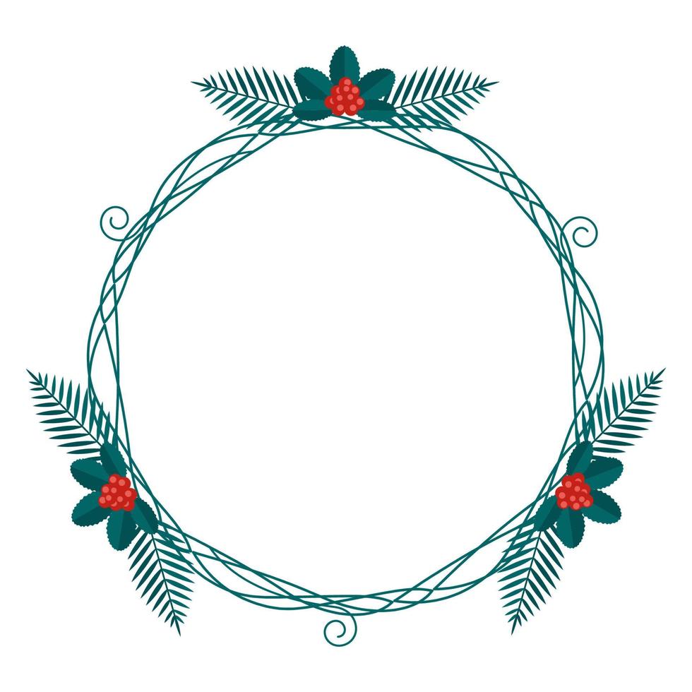 Christmas frame wreath with winter plants in the modern flat style. Stock vector illustrations with botanical elements of holiday - pine, cone, branch, berry in red, green colors.