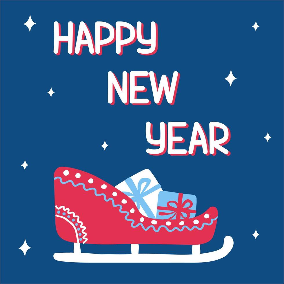 Happy new year trend patterned sleigh with gifts in scandinavian doodle style with an inscription on the background of classic blue. Vector illustration, square format., suitable for greeting card