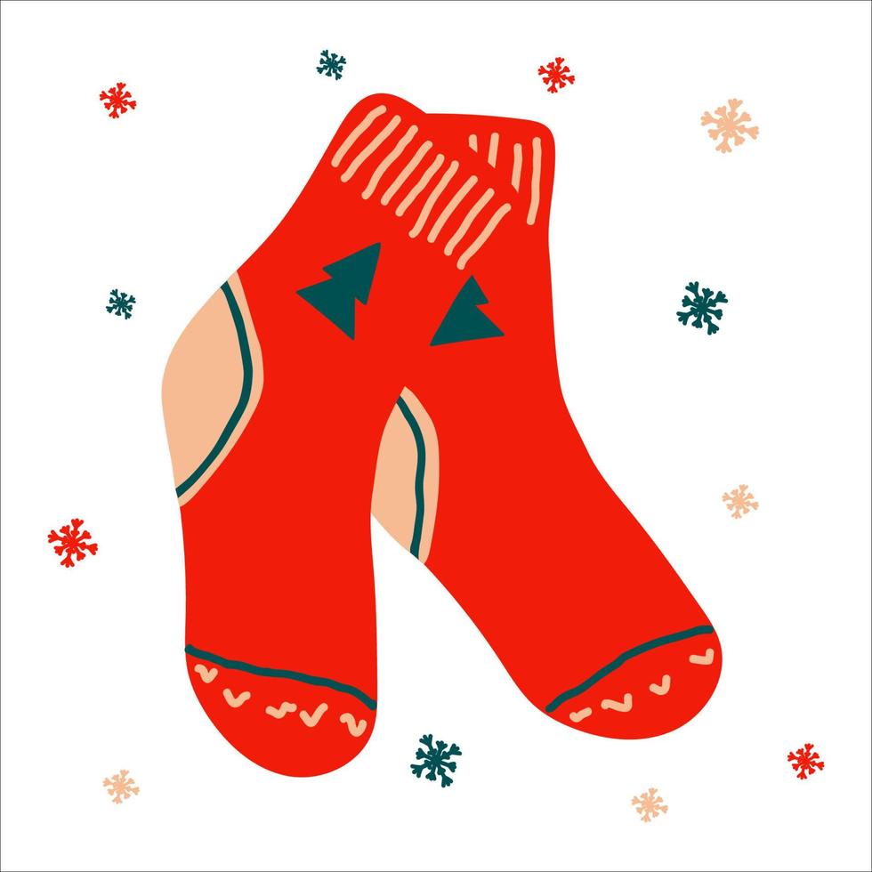 Christmas traditional warm socks in scandinavian hand drawn style. Vector illustration, one simple bright object, square format. Suitable for social media