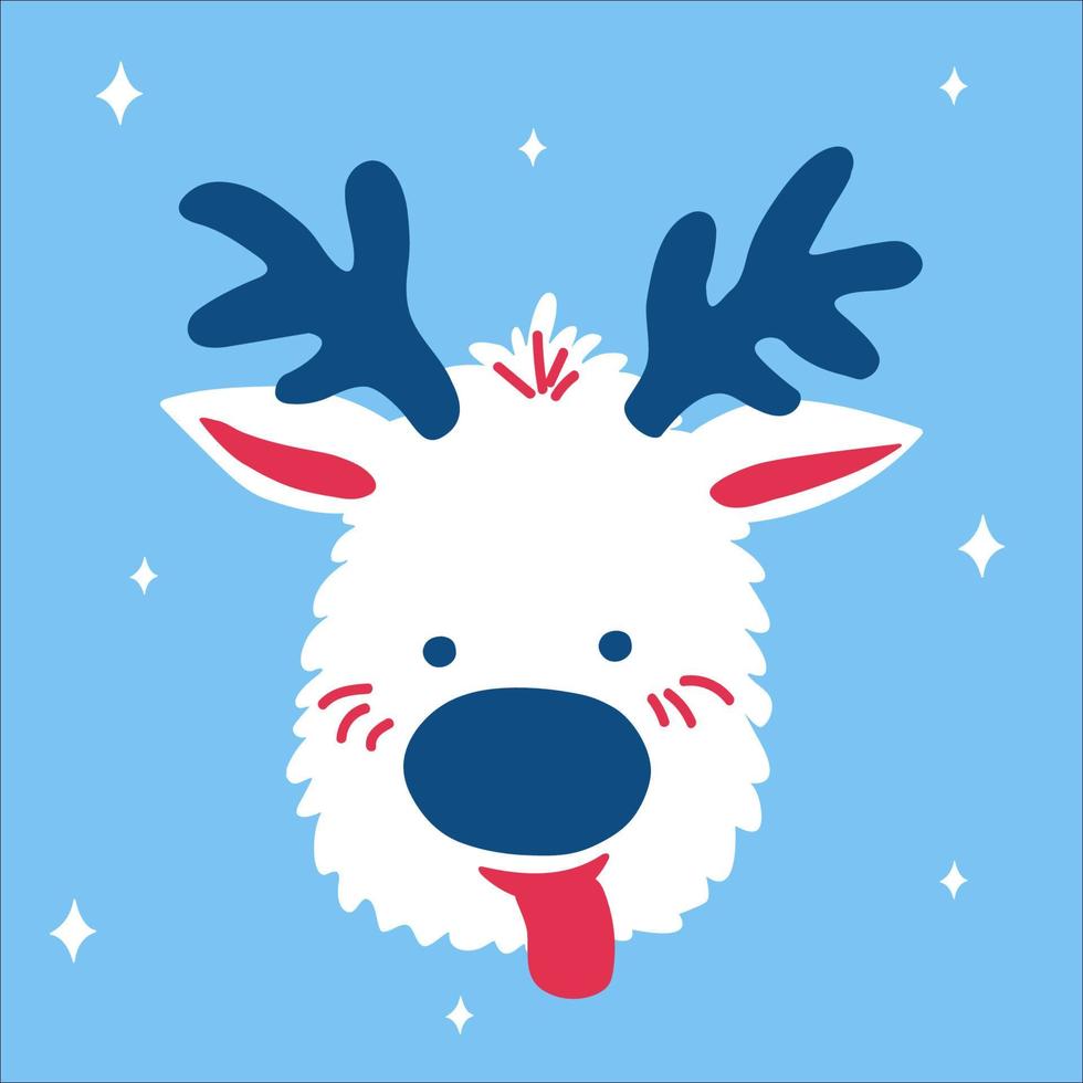 lindo ciervo navideño con la lengua colgando sobre un fondo azul con copos de nieve en estilo de garabato escandinavo. ilustración vectorial, un objeto brillante simple, formato cuadrado para medios sociales vector