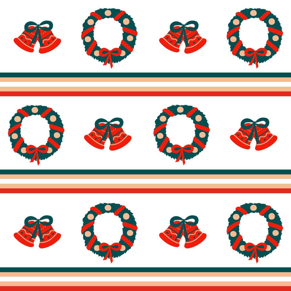 Christmas seamless vector border pattern in horizontal stripes of red, green and beige and holiday symbols - wreath and bells on a white background. Used for fabric, wrapping paper, wallpaper