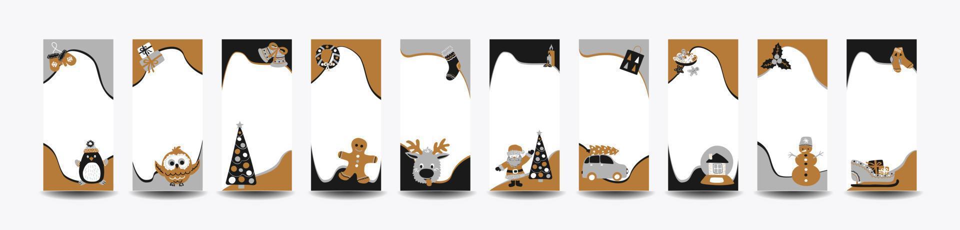 Set of 10 Merry Christmas stories template for social networks in the style of Scandinavian simple hand drawing. Holiday frames in layers for photo with cute characters - Santa, reindeer, gingerbread. vector