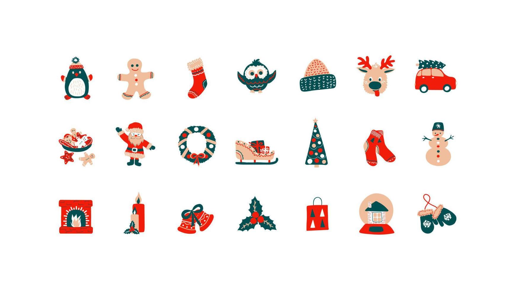 Merry Christmas and Happy New Year set of holiday elements in hand drawn style - red, green, beige. Vector illustration isolated- clip-art collection of cute characters and symbols.
