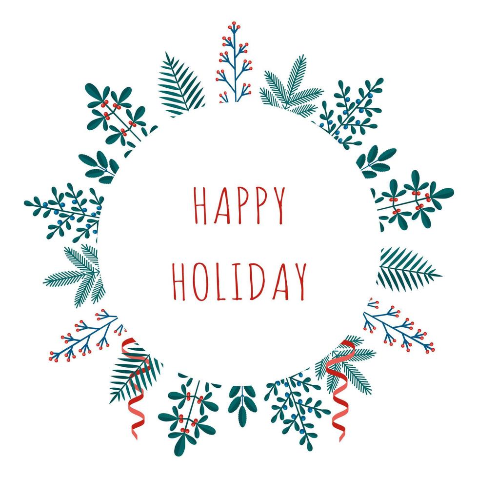 Merry Christmas Happy Holiday greeting card with winter plants frame in the modern flat style. Stock vector illustrations with botanical symbols of holiday - pine, cone, branch, berry in red, green