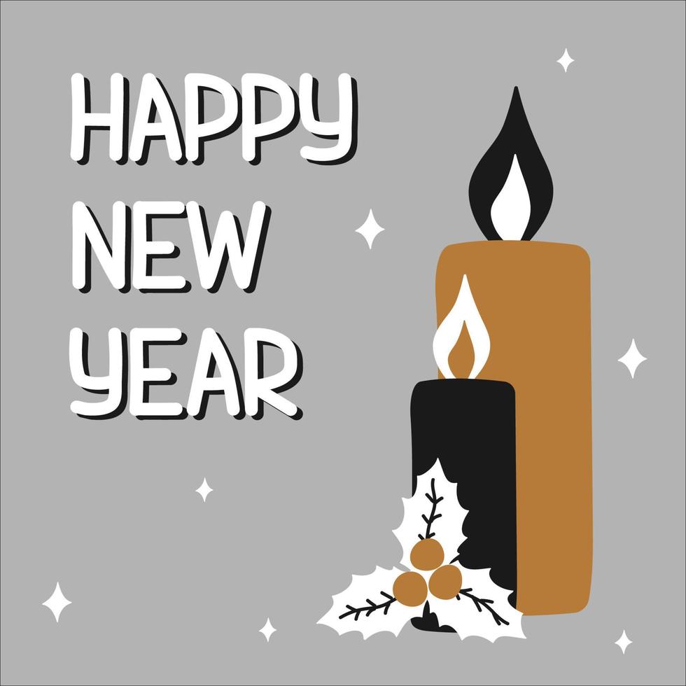 Happy New Year traditional candles and mistletoe in scandinavian hand drawn style with lettering - gold, silver, black. Vector illustration, square format. Suitable for a greeting card or banner