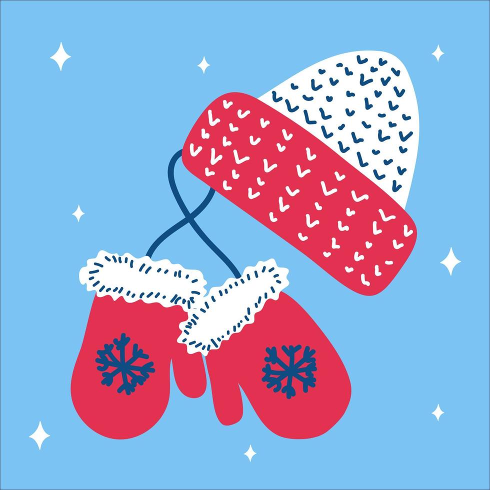 Christmas traditional pink hat and mitten mittens with snowflakes in scandinavian hand drawn style on a blue background. Vector illustration, square format. Suitable for social media