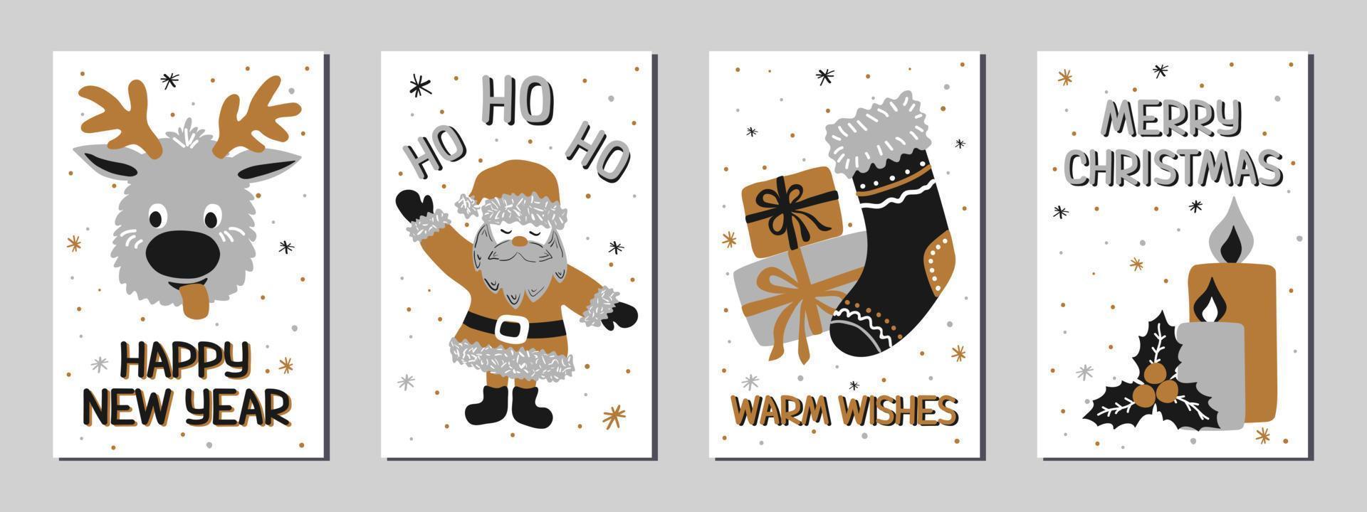 Christmas greeting cards. New Year in the Scandinavian doodle style, gold, silver and black colors. Stock vector illustrations with symbols of holiday - Santa Claus, reindeer, gift, snow globe.