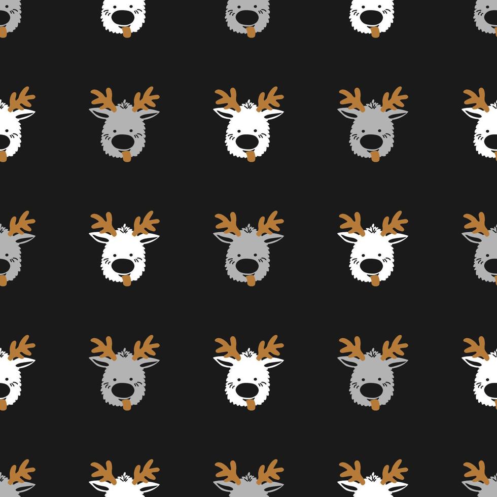 Seamless Merry Christmas pattern of repeating elements - funny deer on a black backdrop. Vector illustration in scandinavian style of hand drawing. Ornament for print, wrapping, textile, fabric