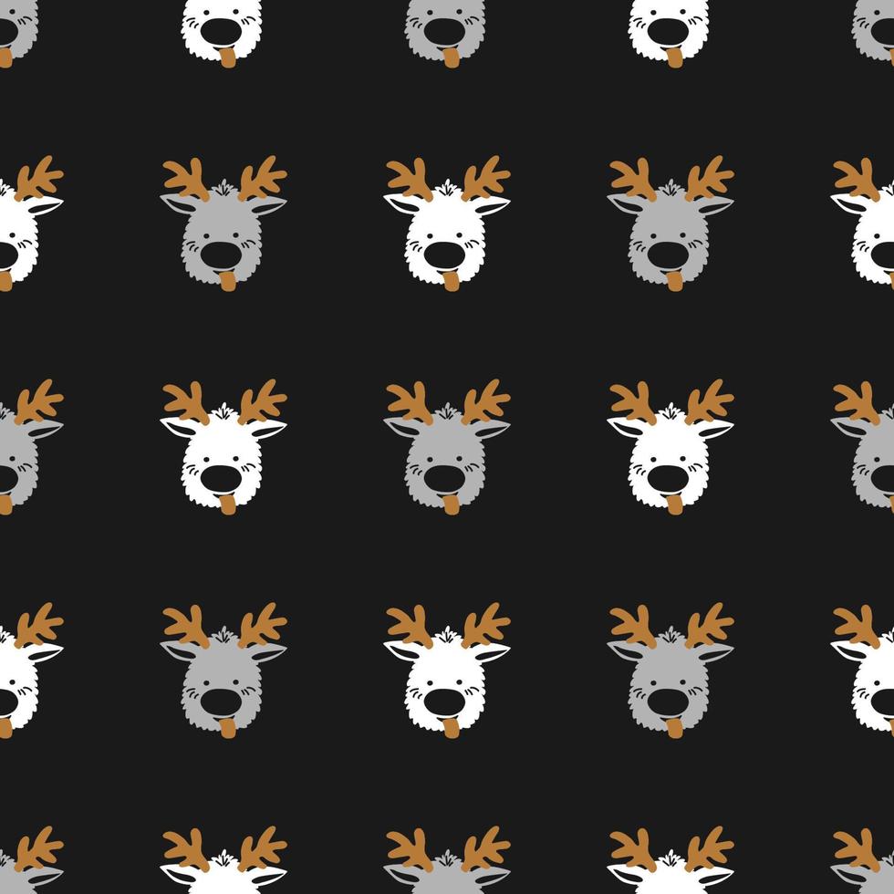 Seamless Merry Christmas pattern of repeating elements - funny deer on a black backdrop. Vector illustration in scandinavian style of hand drawing. Ornament for print, wrapping, textile, fabric