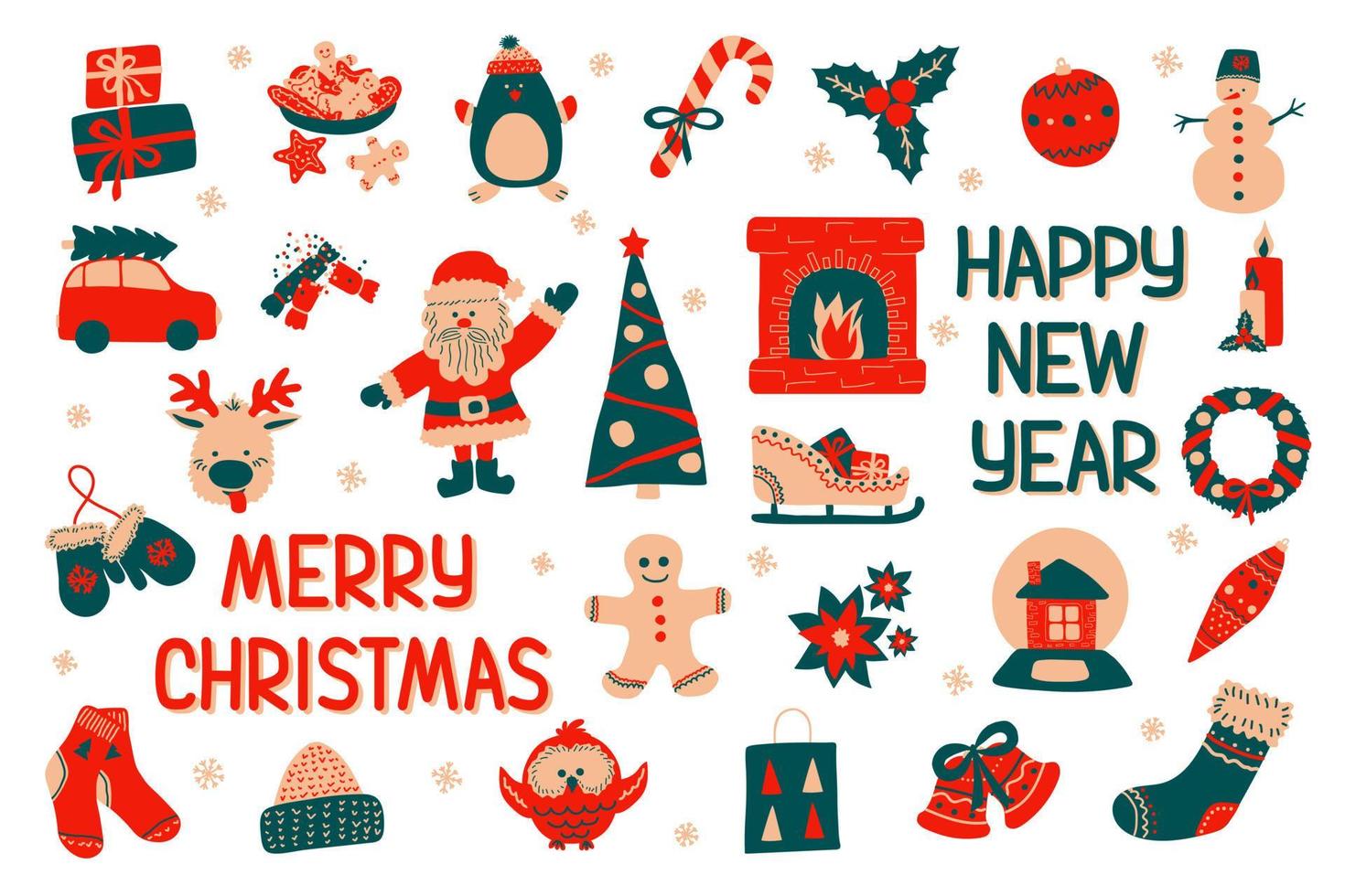 Christmas holiday elements Scandinavian hand drawn style with inscriptions Happy New Year. Vector illustration - clip-art collection of cute characters isolate on a white background.