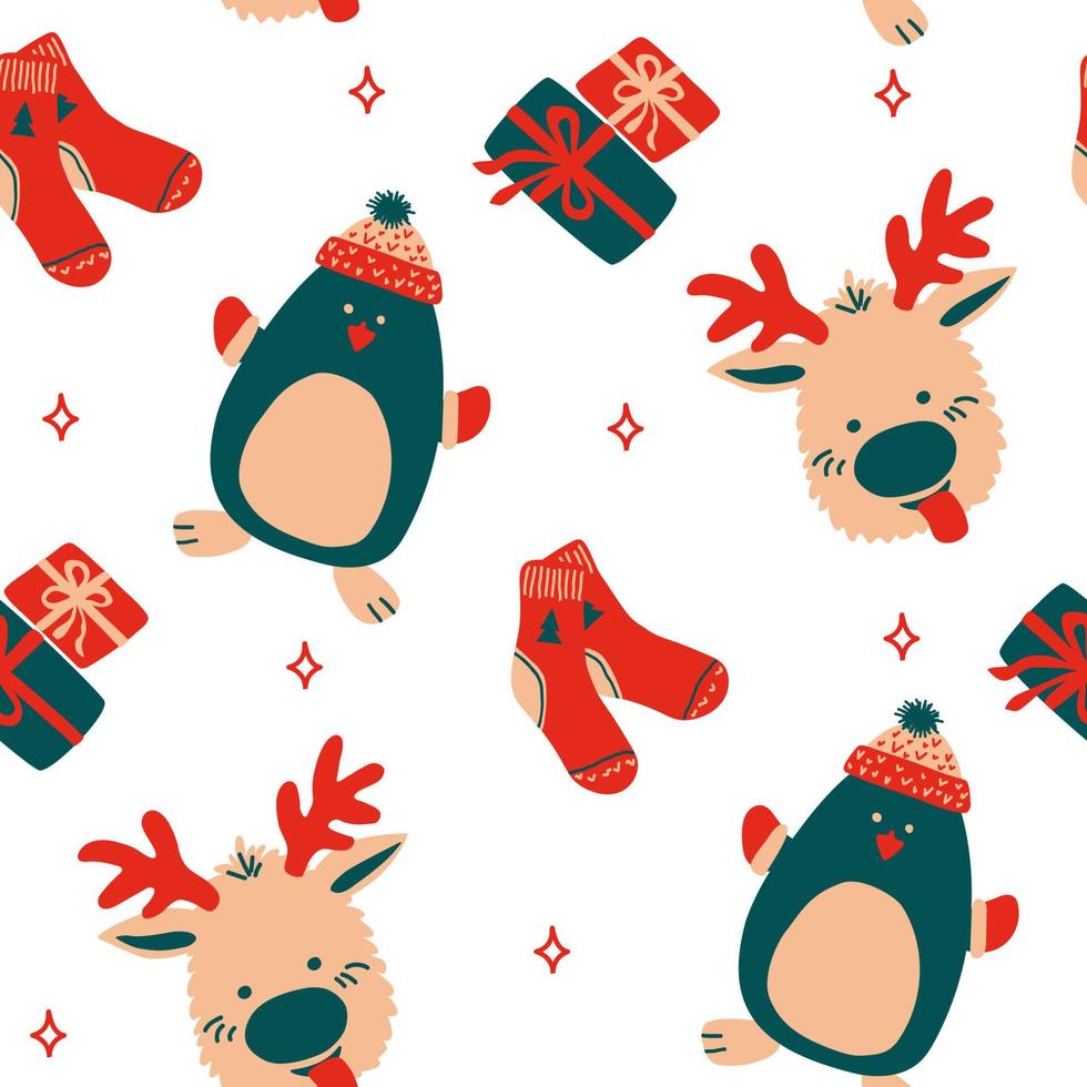 Seamless vector pattern New Year and Christmas in the style of Scandinavian simple hand drawing. Traditional holiday cute penguin, socks, reindeer. Bright ornament for print, wrap, textile, fabric