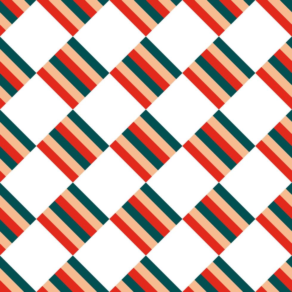 Seamless Christmas pattern of striped squares staggered diagonally on a white background. Vector illustration bright green, red ornament for print, wrapping, textile, fabric